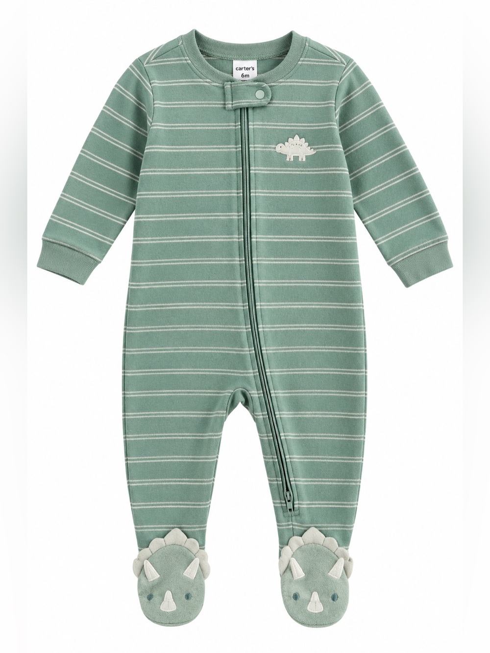 Carter’s Baby Boy Dinosaur Footed Pajamas Sleeper Sage Green Striped 6M